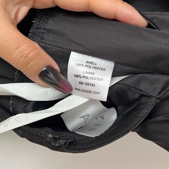 Azazie - Mero Black Sheath Pleated Metallic Satin Dress -Black. Size:A10. (1613) - Picture 7 of 16